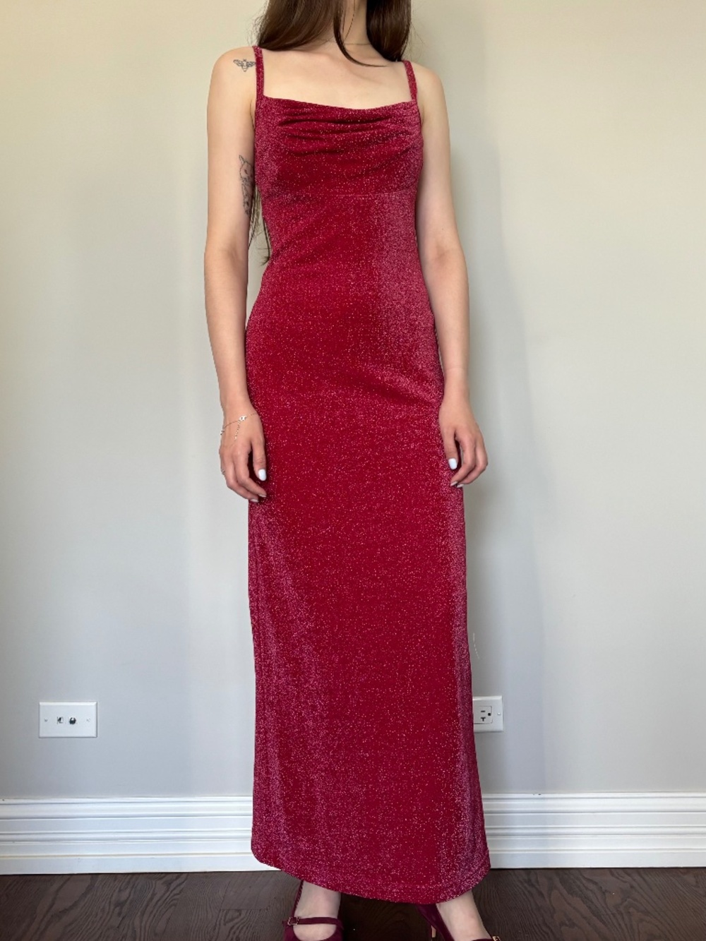 Vintage All That Jazz Red Metallic Maxi Dress Cowl Neck Women’s M USA